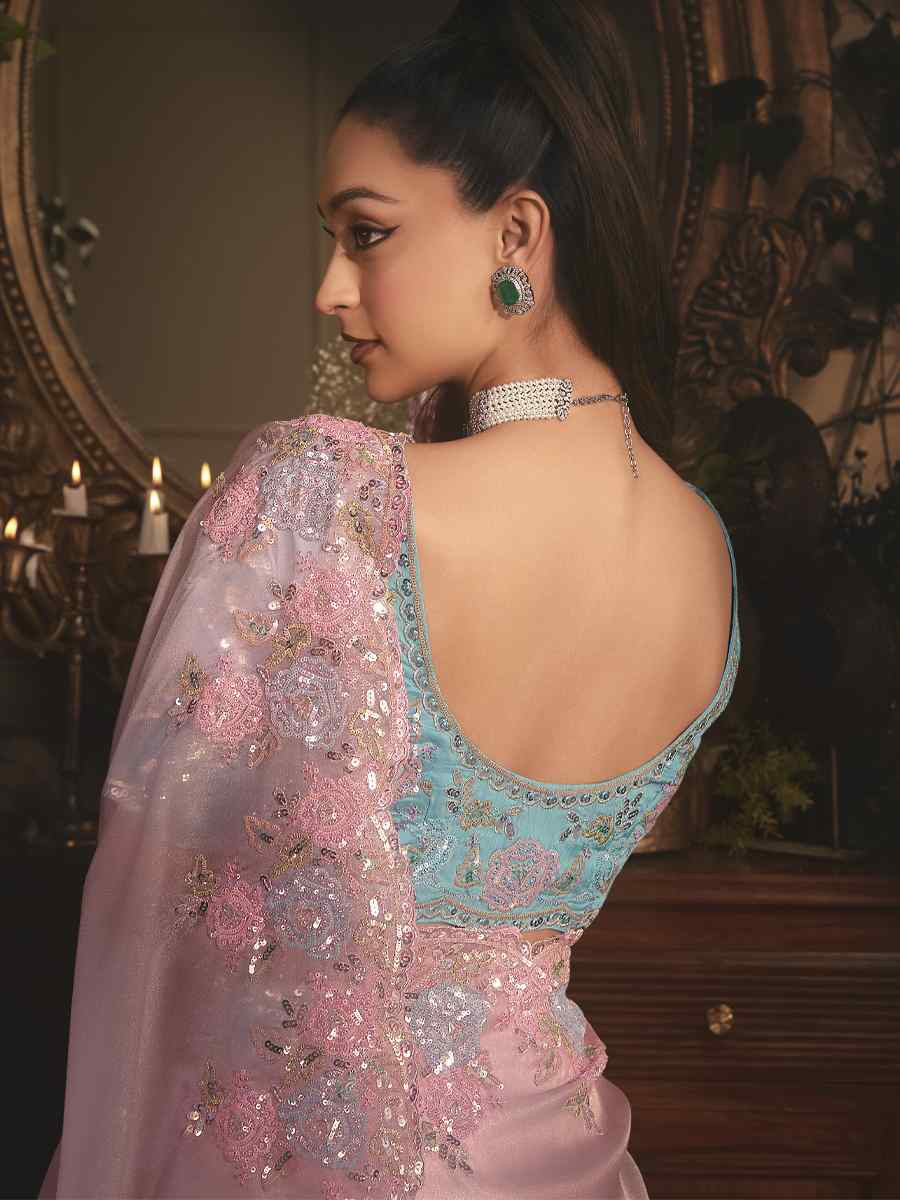 Pink Tissue Organza Embroidery Traditional Bridal Reception Festival Wedding Fancy Heavy Border Saree