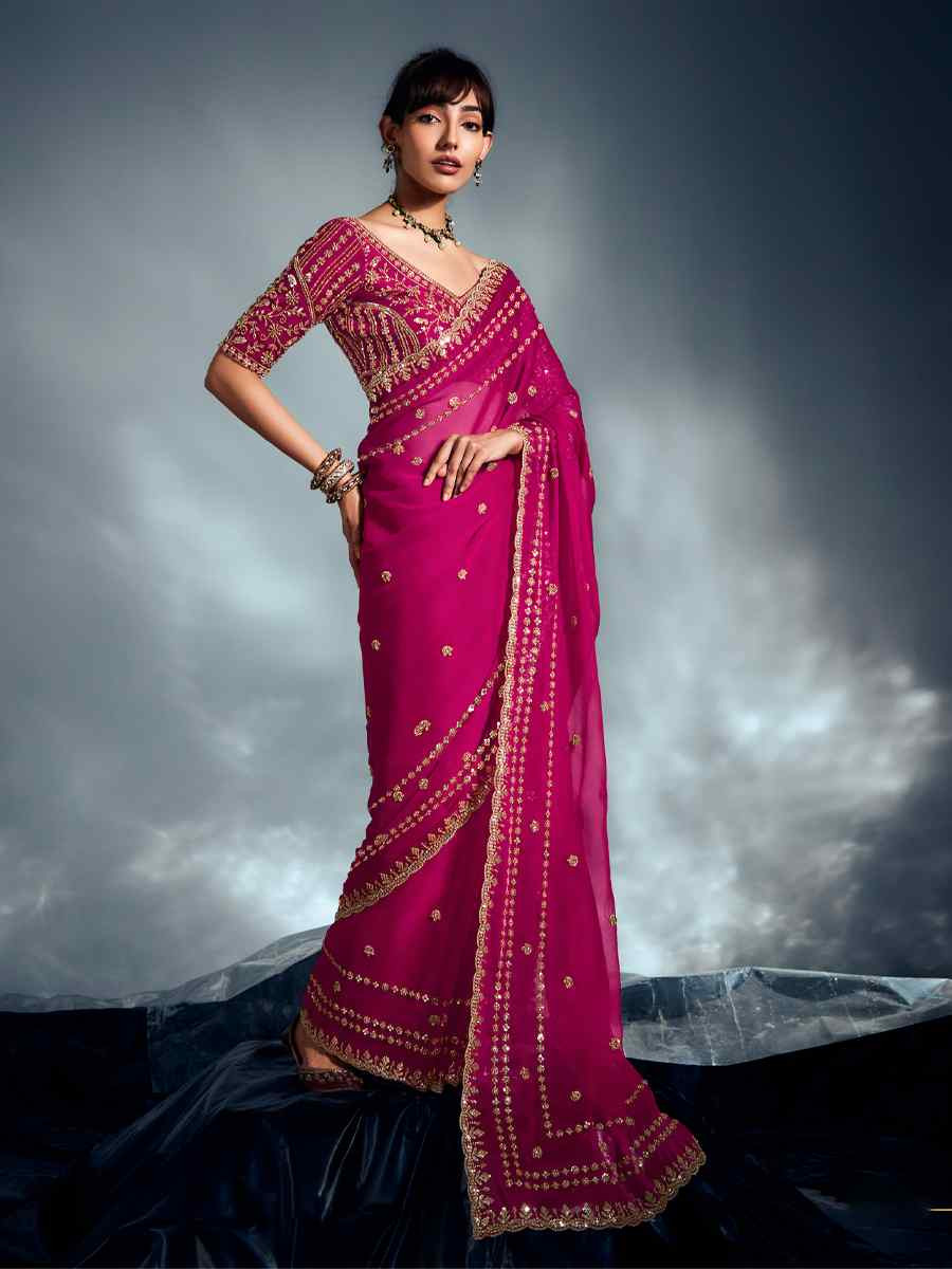 Pink Tissue Organza Silk Embroidery Bridal Cocktail Party Reception Wedding Wear Heavy Border Sarees