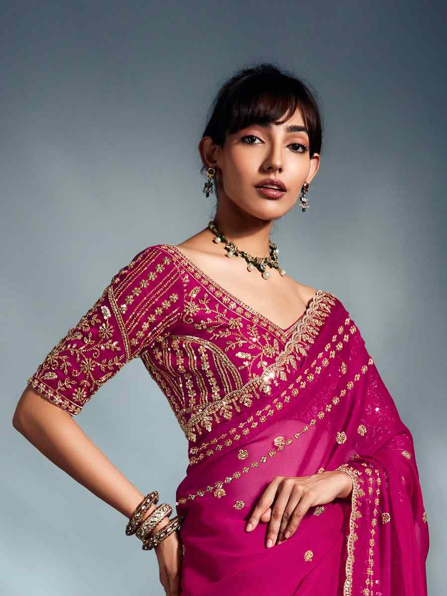 Pink Tissue Organza Silk Embroidery Bridal Cocktail Party Reception Wedding Wear Heavy Border Sarees