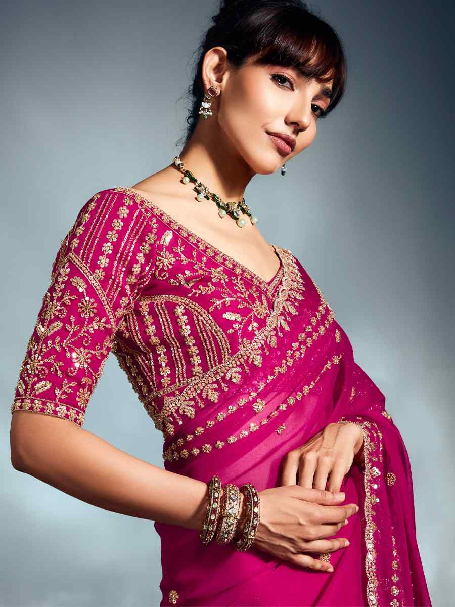 Pink Tissue Organza Silk Embroidery Bridal Cocktail Party Reception Wedding Wear Heavy Border Sarees