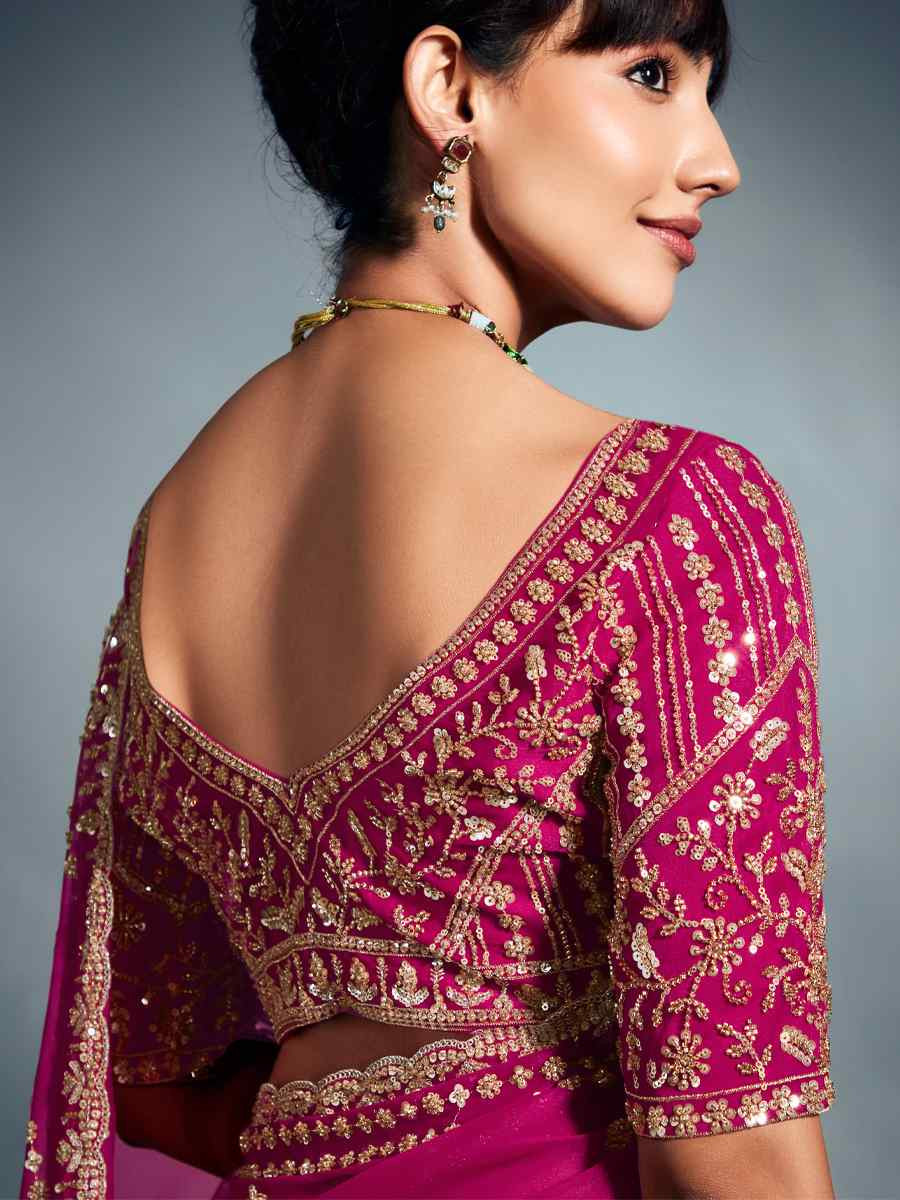 Pink Tissue Organza Silk Embroidery Bridal Cocktail Party Reception Wedding Wear Heavy Border Sarees