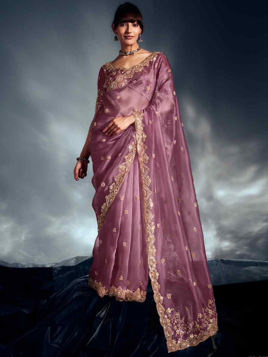 Pink Tissue Organza Silk Embroidery Bridal Cocktail Party Reception Wedding Wear Heavy Border Sarees