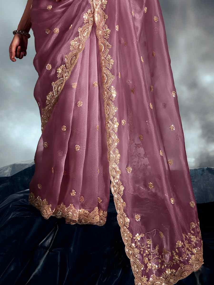Pink Tissue Organza Silk Embroidery Bridal Cocktail Party Reception Wedding Wear Heavy Border Sarees