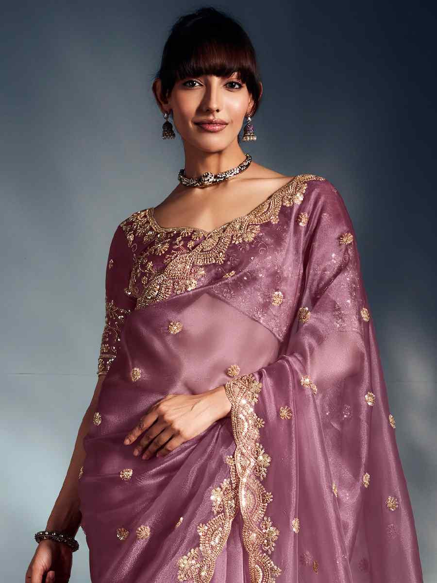 Pink Tissue Organza Silk Embroidery Bridal Cocktail Party Reception Wedding Wear Heavy Border Sarees