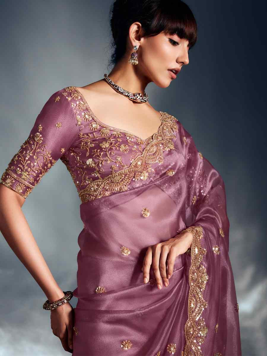 Pink Tissue Organza Silk Embroidery Bridal Cocktail Party Reception Wedding Wear Heavy Border Sarees