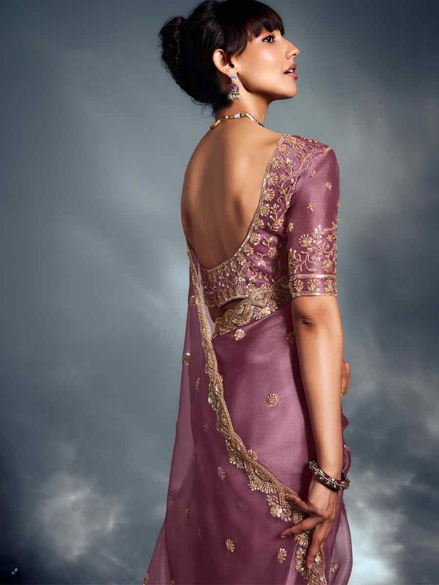 Pink Tissue Organza Silk Embroidery Bridal Cocktail Party Reception Wedding Wear Heavy Border Sarees