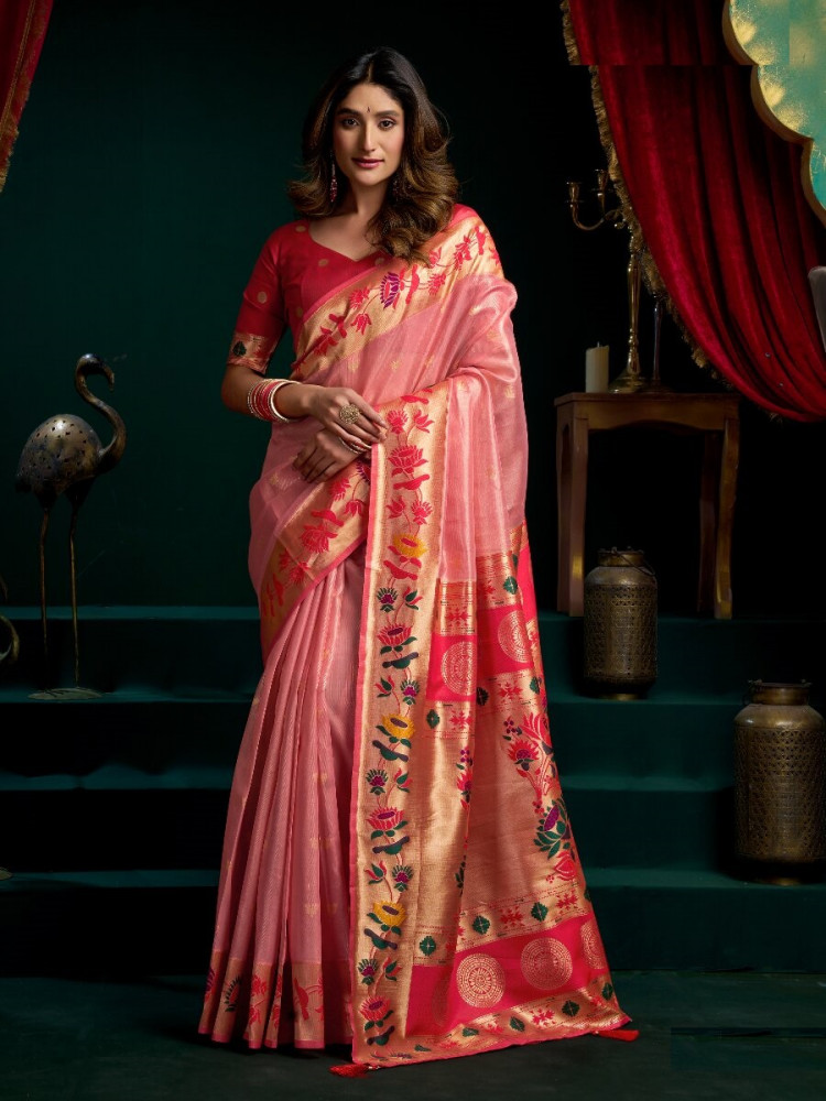 Image of Pink Tissue Paithani Silk Embroidery Wedding Reception Party Festival Heavy Border Sarees