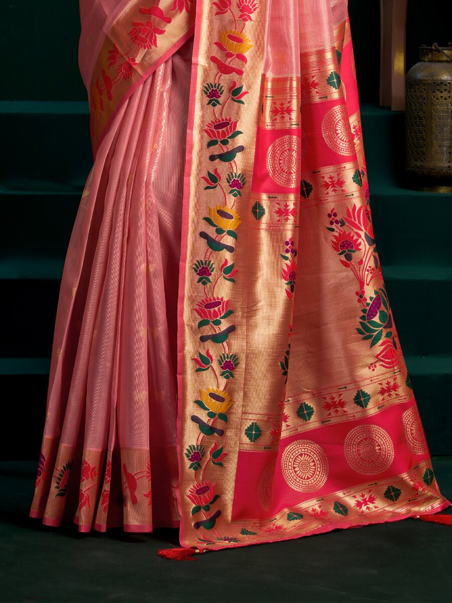 Pink Tissue Paithani Silk Embroidery Wedding Reception Party Festival Heavy Border Sarees