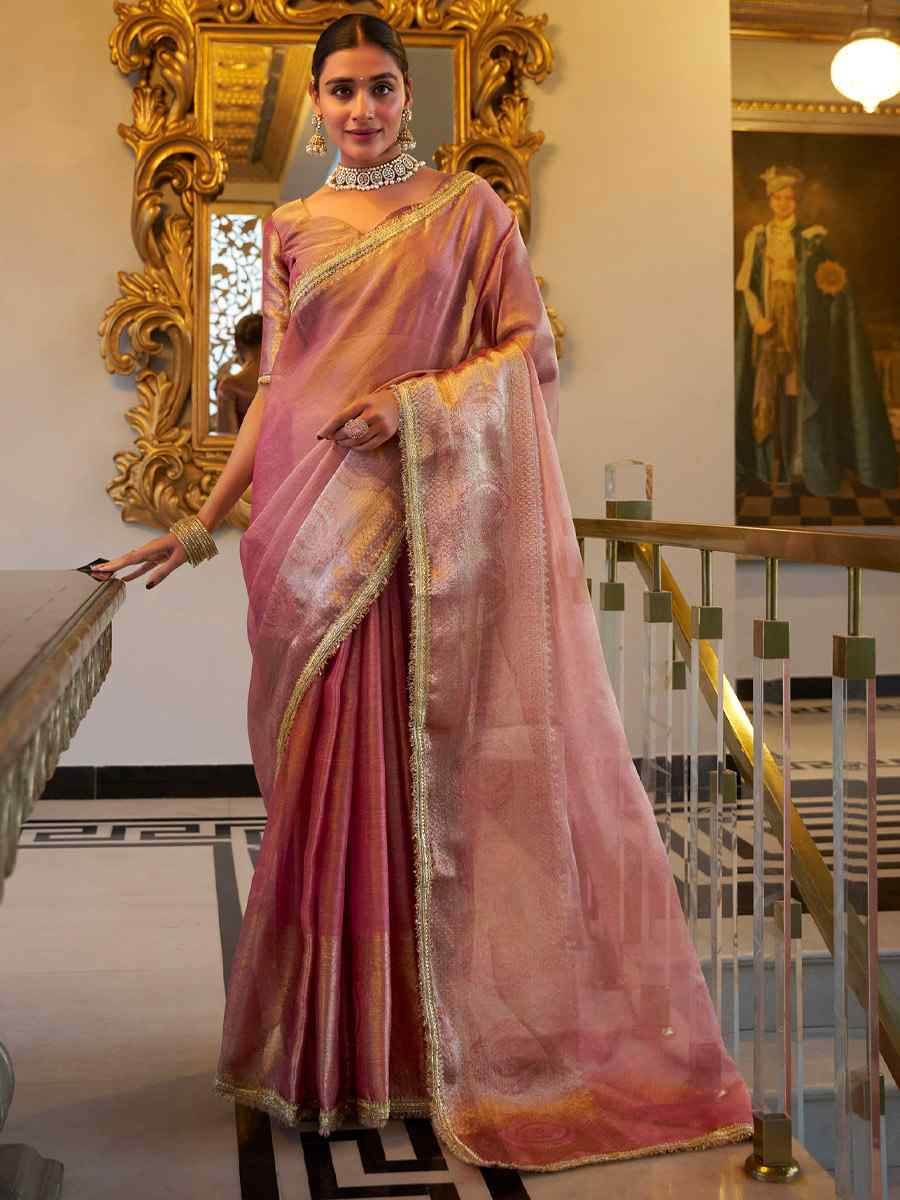 Pink Tissue Shimmer Handwoven Festival Wedding Fancy Heavy Border Saree