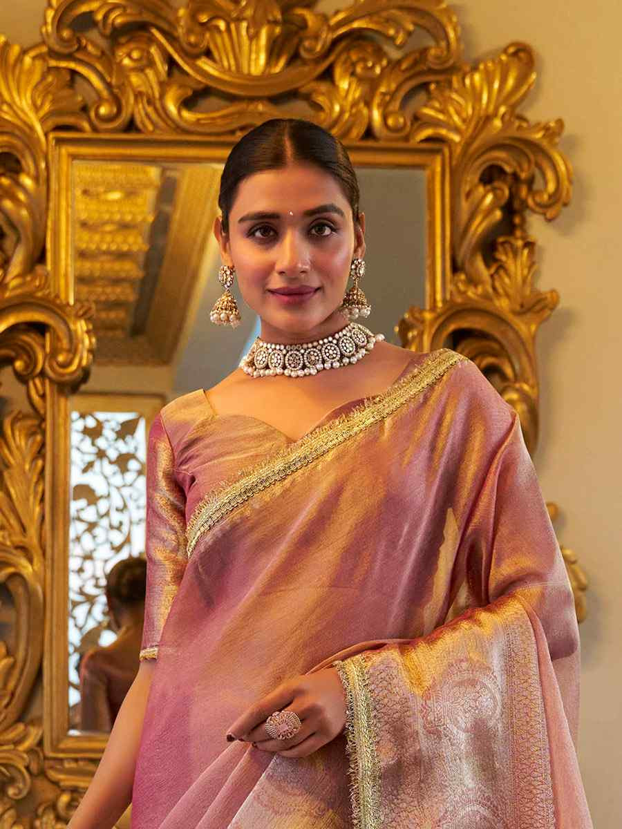 Pink Tissue Shimmer Handwoven Festival Wedding Fancy Heavy Border Saree