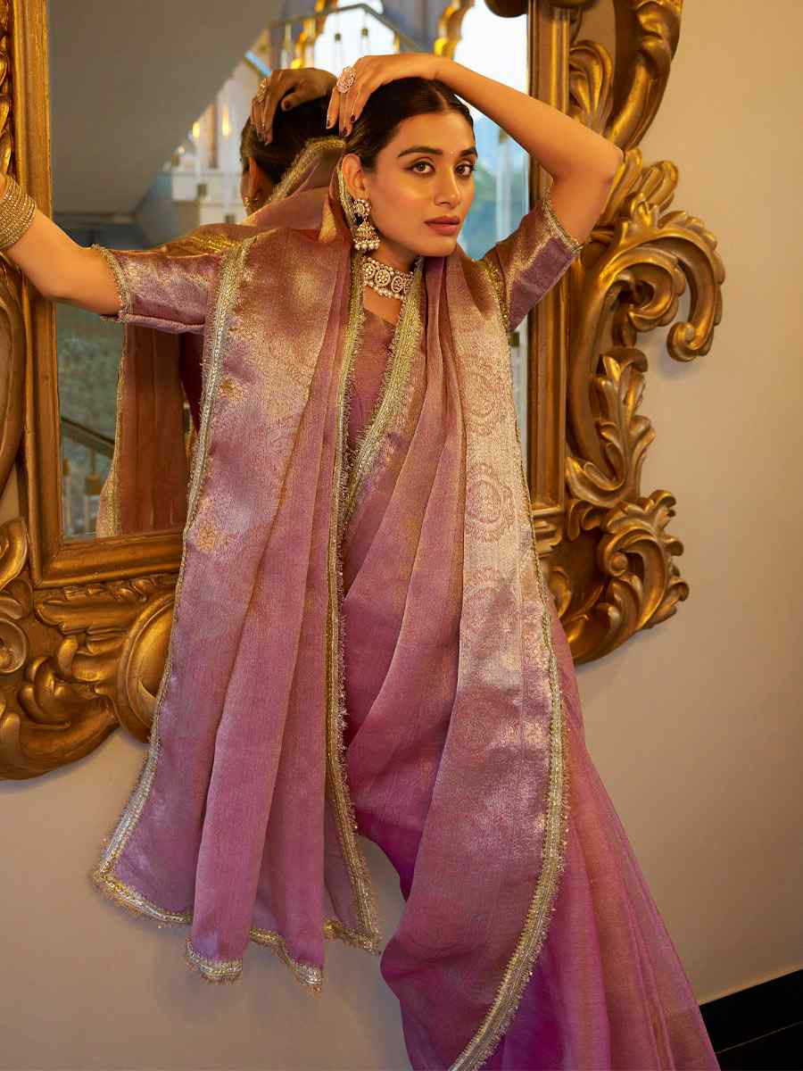 Pink Tissue Shimmer Handwoven Festival Wedding Fancy Heavy Border Saree