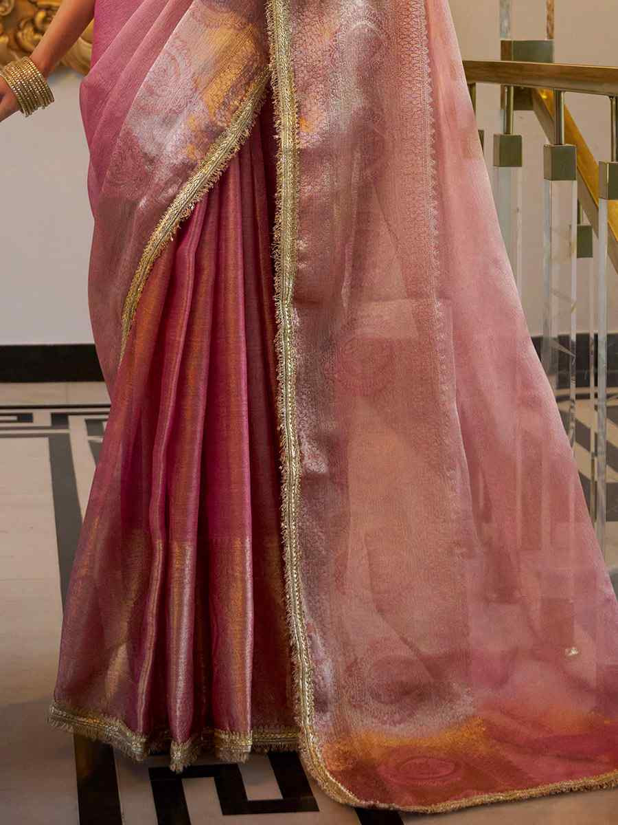 Pink Tissue Shimmer Handwoven Festival Wedding Fancy Heavy Border Saree