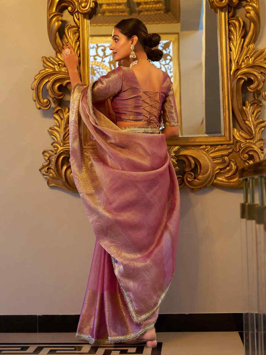 Pink Tissue Shimmer Handwoven Festival Wedding Fancy Heavy Border Saree