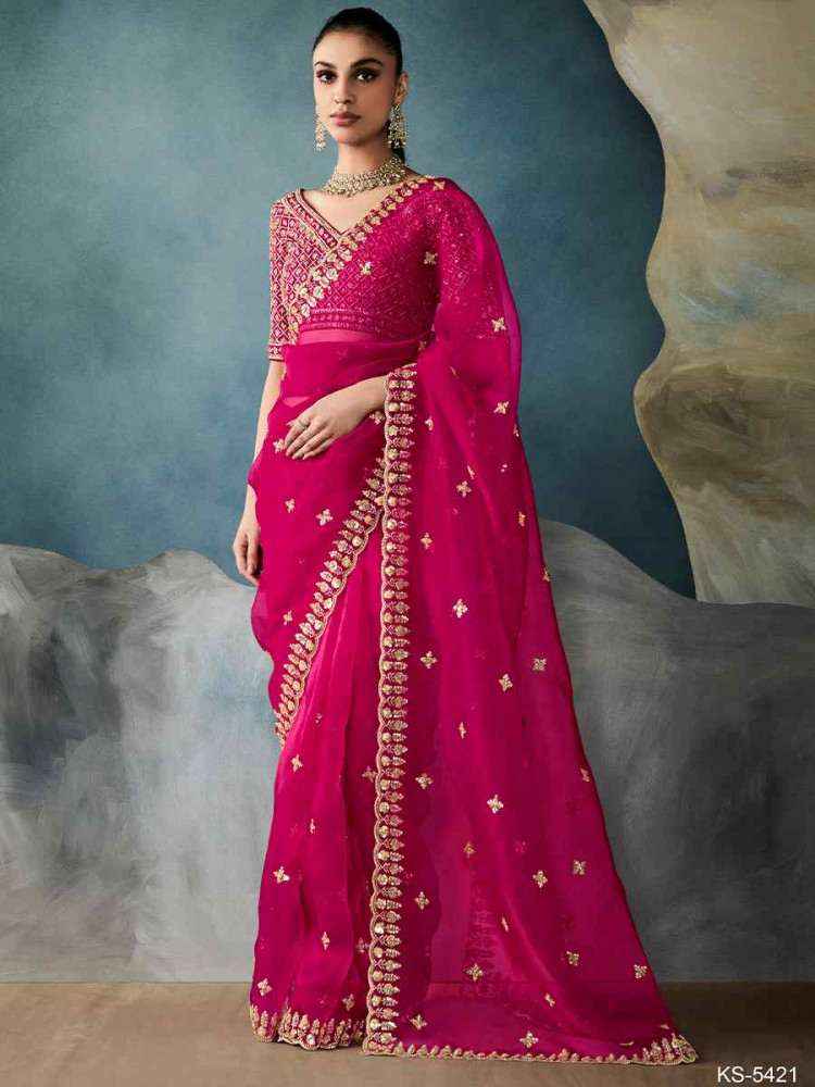 Pink Tissue Silk Embroidered Festival Wedding Fancy Heavy Border Saree