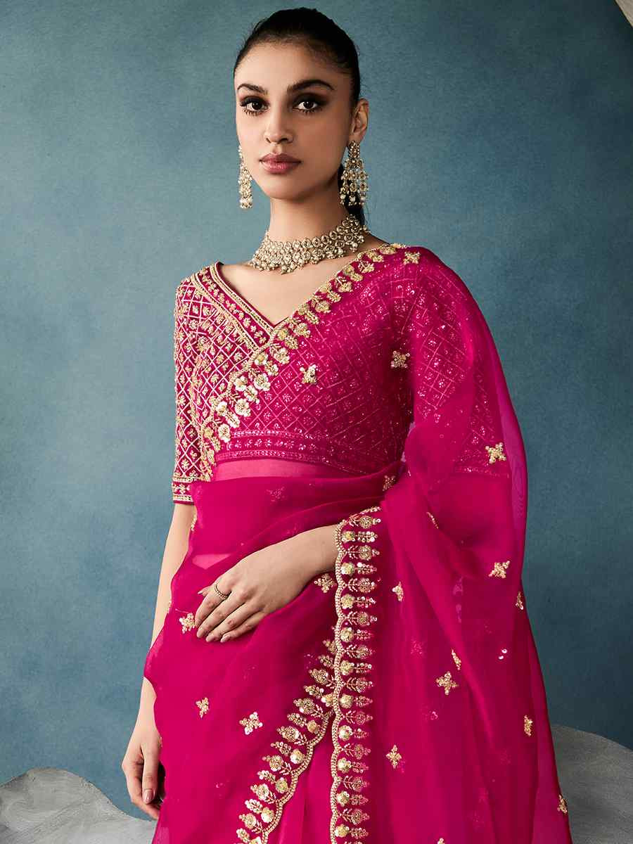 Pink Tissue Silk Embroidered Festival Wedding Fancy Heavy Border Saree