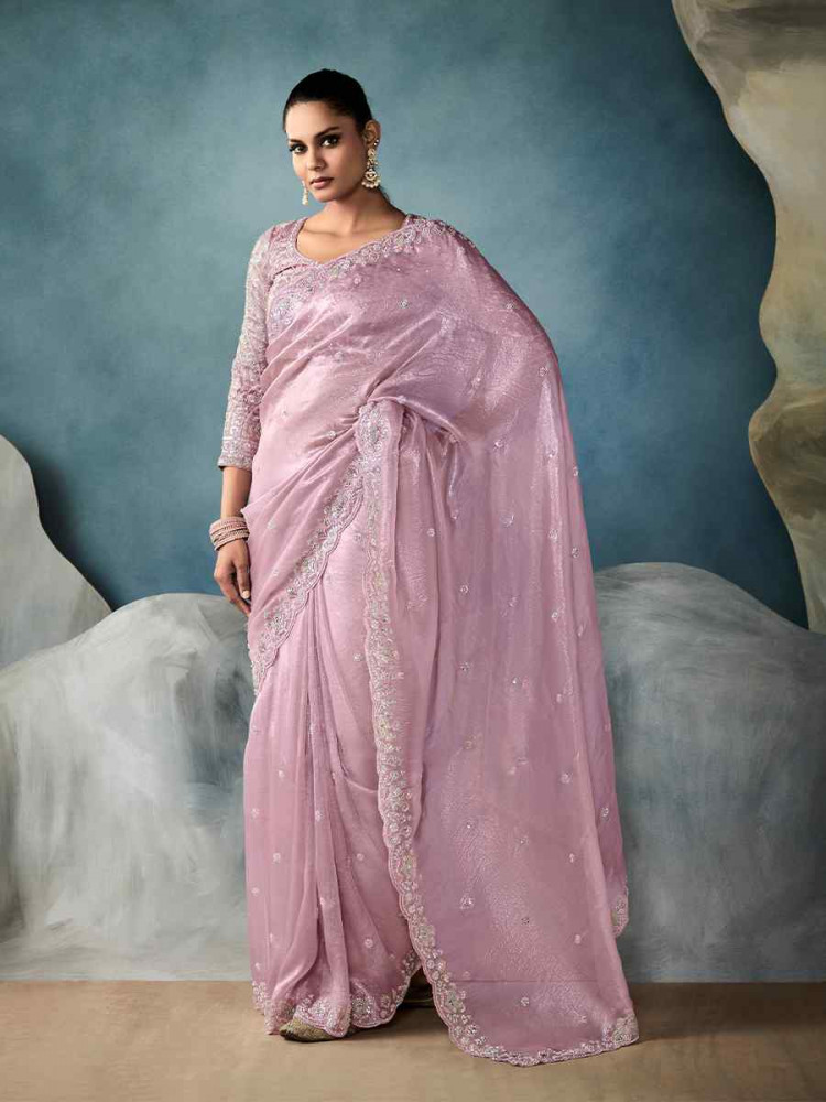 Pink Tissue Silk Embroidered Festival Wedding Fancy Heavy Border Saree