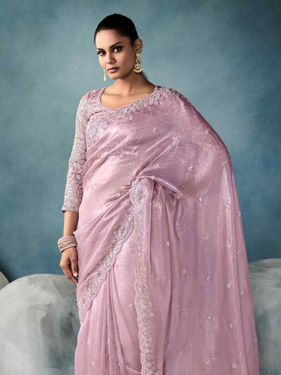 Pink Tissue Silk Embroidered Festival Wedding Fancy Heavy Border Saree