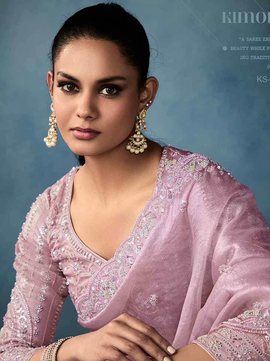 Pink Tissue Silk Embroidered Festival Wedding Fancy Heavy Border Saree