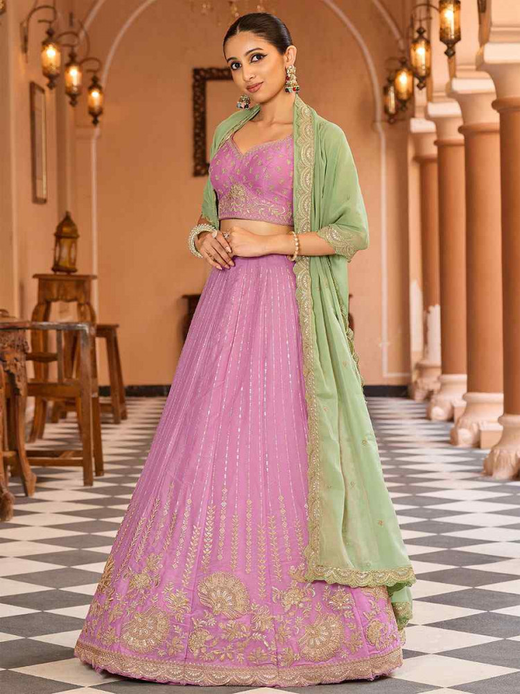 Image of Pink Tissue Silk Embroidered Wedding Reception Festival Heavy Border Lehenga Choli