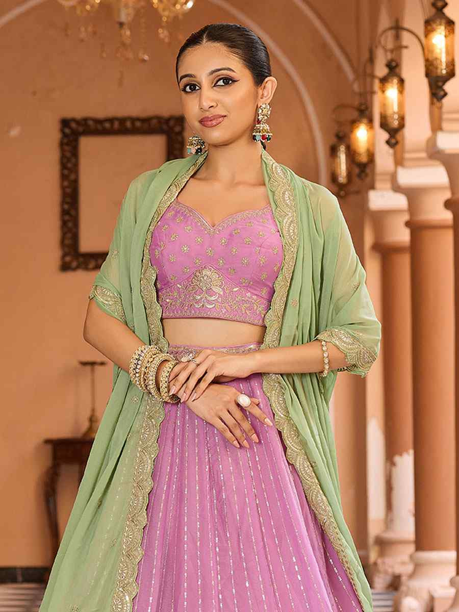 Pink Tissue Silk Embroidered Wedding Reception Festival Heavy Border Lehenga Choli