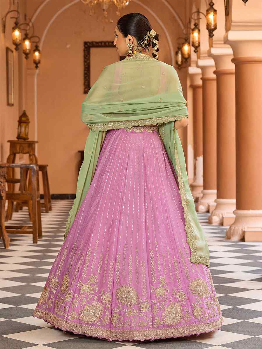 Pink Tissue Silk Embroidered Wedding Reception Festival Heavy Border Lehenga Choli
