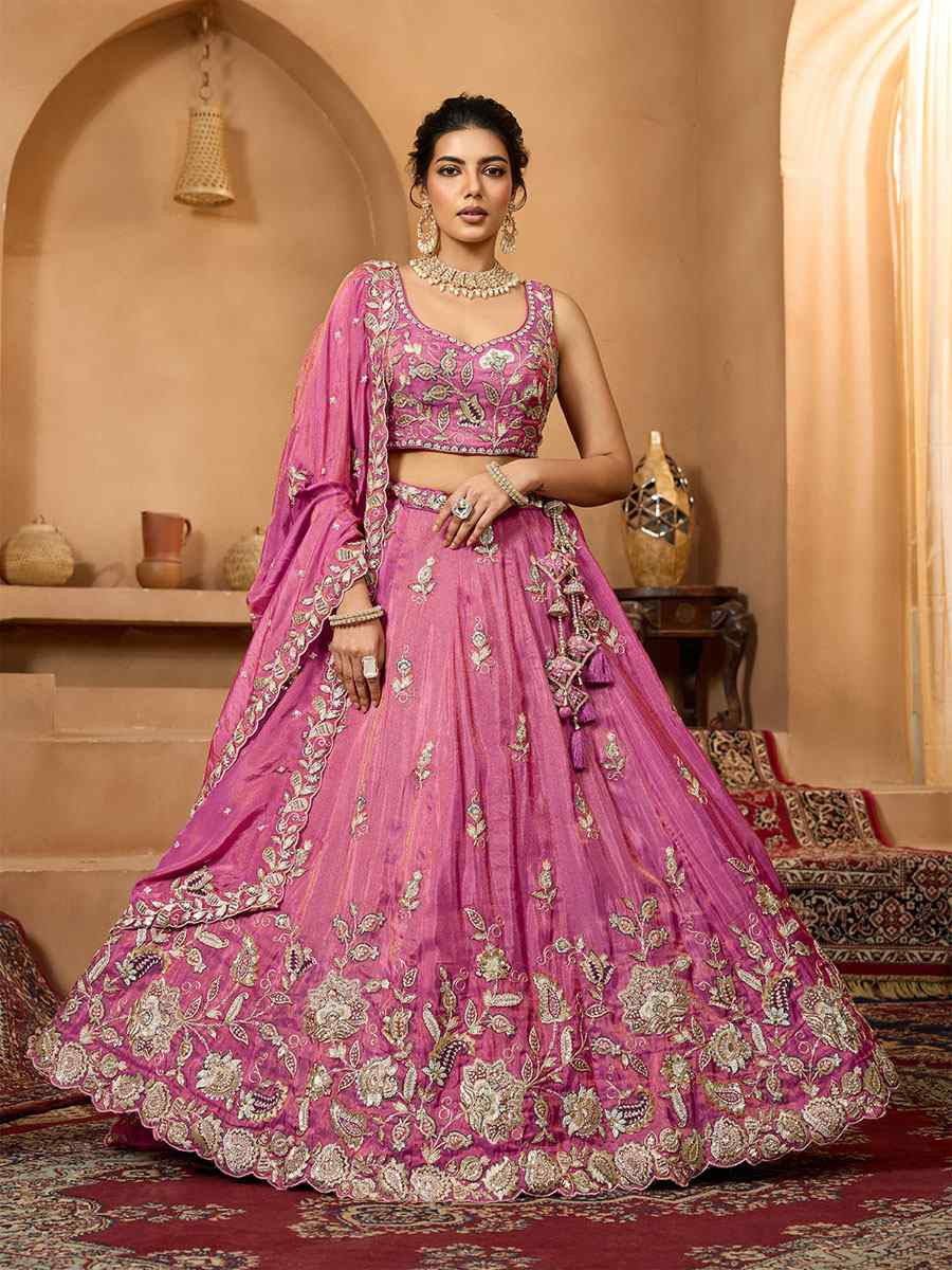 Pink Tissue Silk Embroidered Wedding Reception Festival Heavy Border Lehenga Choli