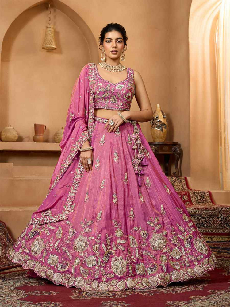 Image of Pink Tissue Silk Embroidered Wedding Reception Festival Heavy Border Lehenga Choli