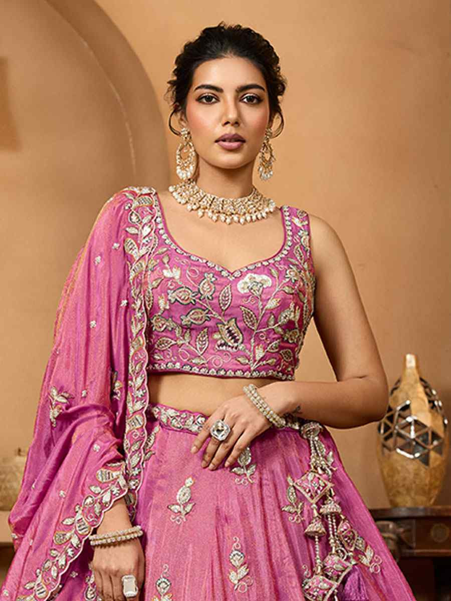 Pink Tissue Silk Embroidered Wedding Reception Festival Heavy Border Lehenga Choli