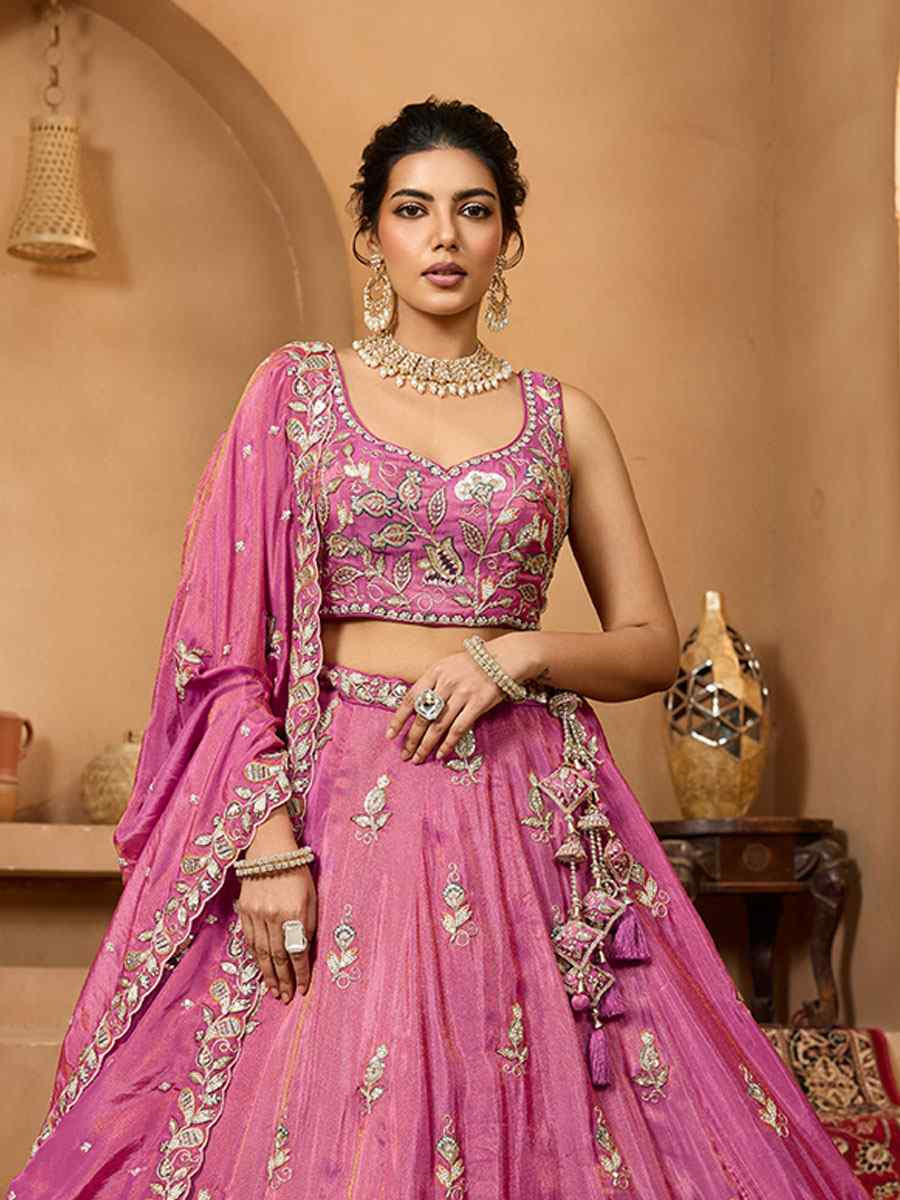 Pink Tissue Silk Embroidered Wedding Reception Festival Heavy Border Lehenga Choli