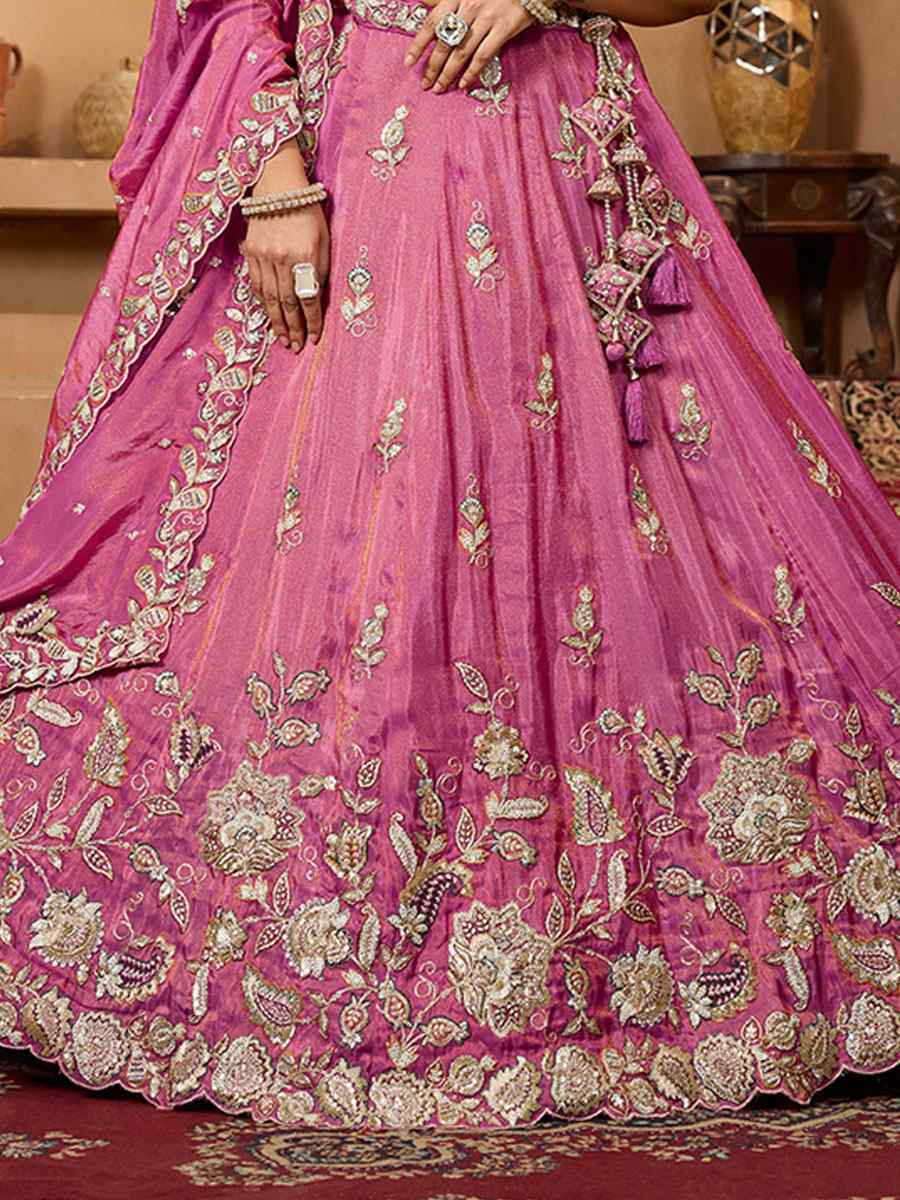 Pink Tissue Silk Embroidered Wedding Reception Festival Heavy Border Lehenga Choli