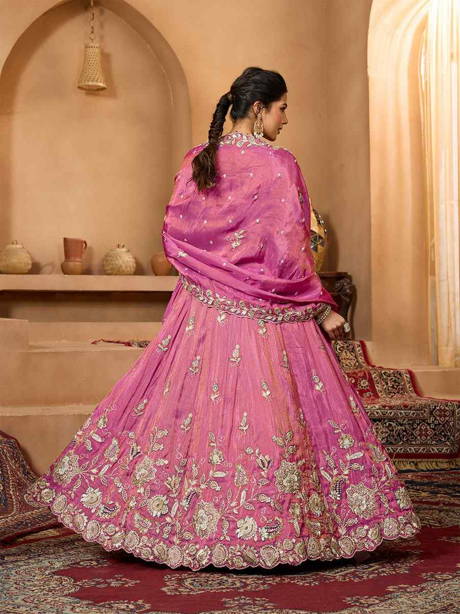 Pink Tissue Silk Embroidered Wedding Reception Festival Heavy Border Lehenga Choli