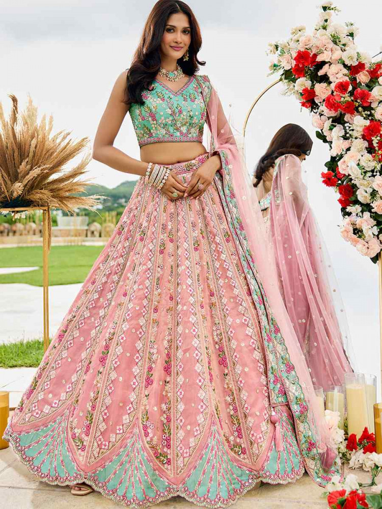 Image of Pink Tissue Silk Embroidered Wedding Reception Festival Heavy Border Lehenga Choli