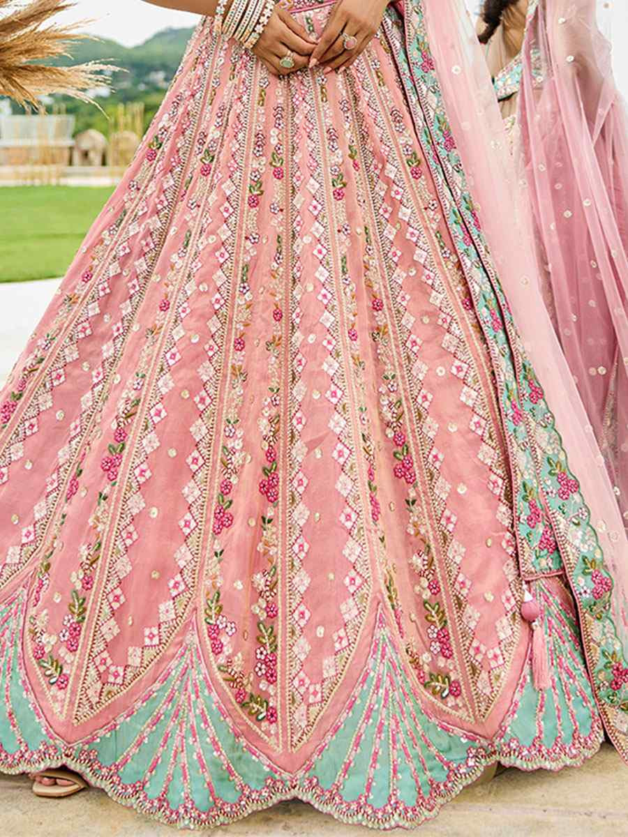 Pink Tissue Silk Embroidered Wedding Reception Festival Heavy Border Lehenga Choli