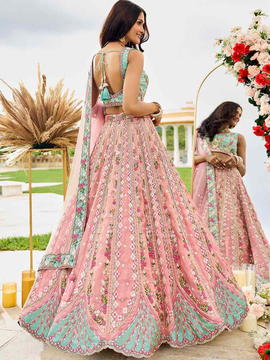 Pink Tissue Silk Embroidered Wedding Reception Festival Heavy Border Lehenga Choli