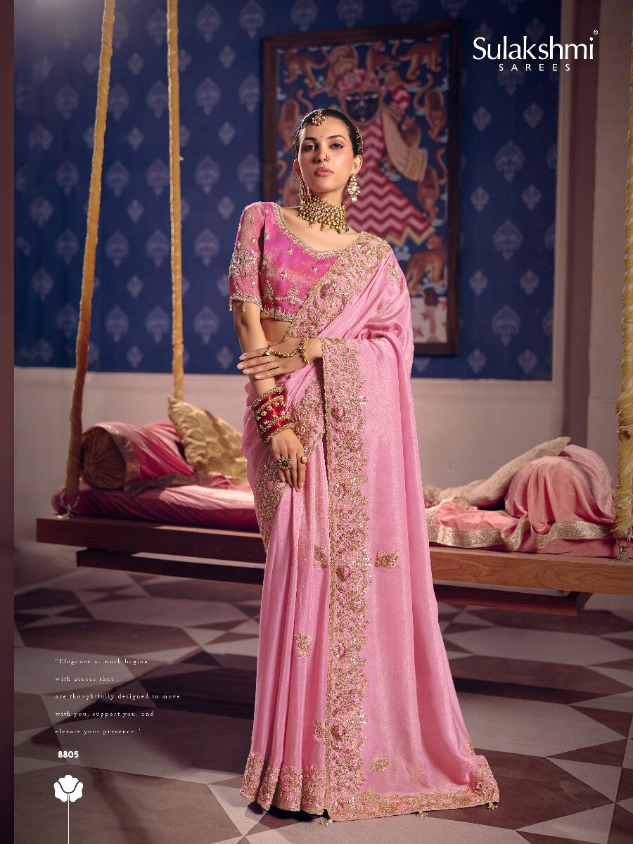 Pink Tissue Silk Embroidery Sequins Zari Wedding Party Festival Casual Heavy Border Sarees