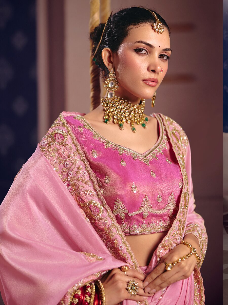 Pink Tissue Silk Embroidery Sequins Zari Wedding Party Festival Casual Heavy Border Sarees