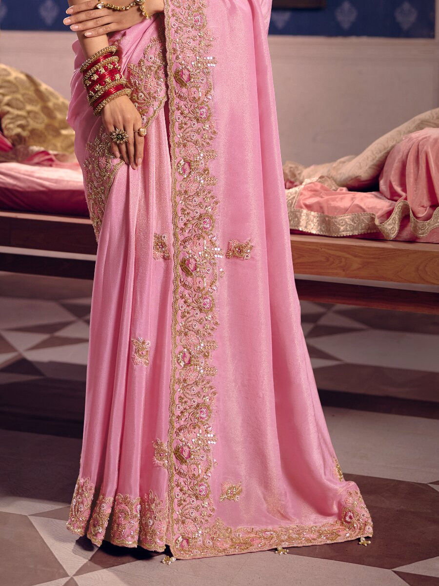 Pink Tissue Silk Embroidery Sequins Zari Wedding Party Festival Casual Heavy Border Sarees
