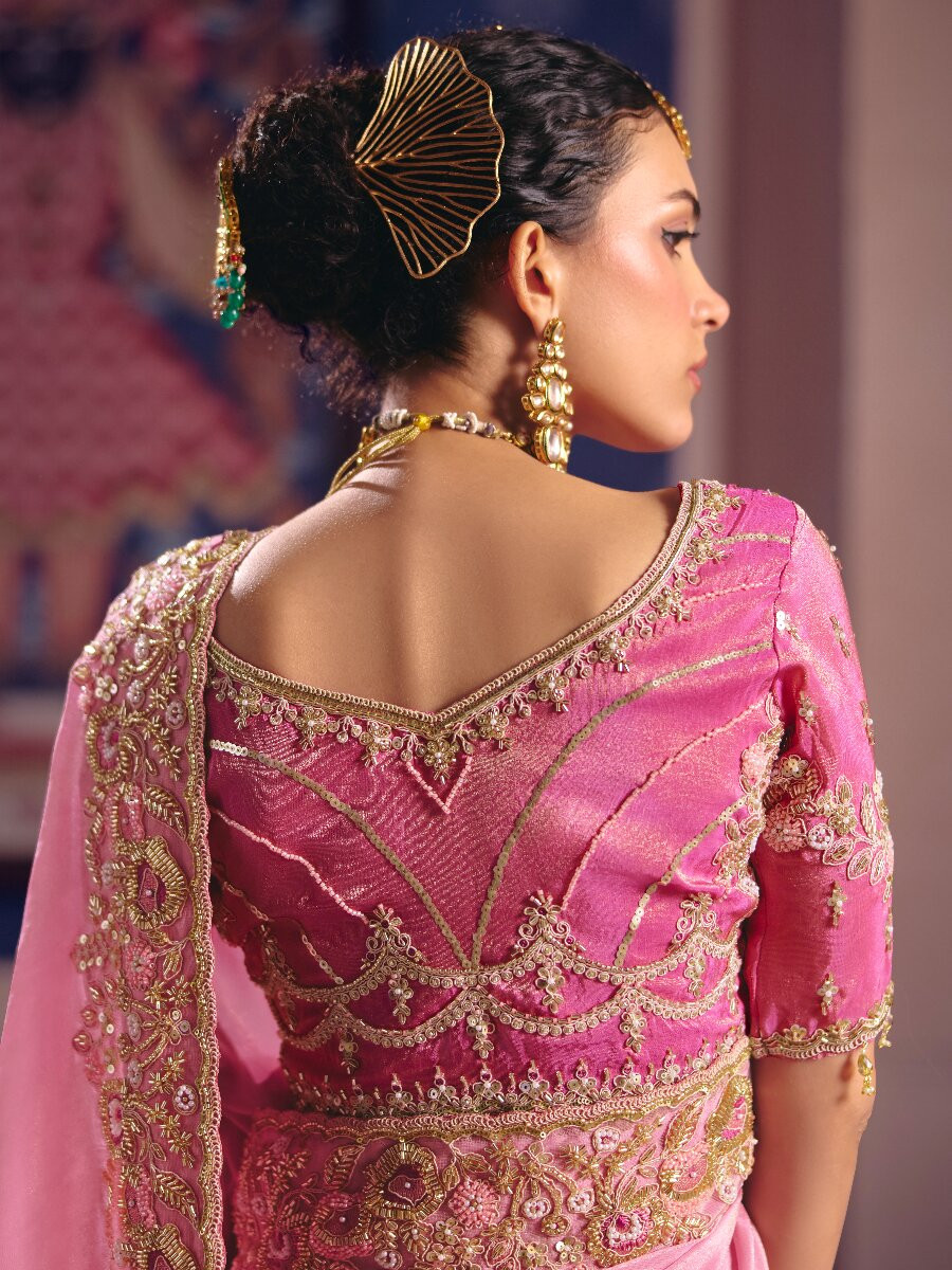 Pink Tissue Silk Embroidery Sequins Zari Wedding Party Festival Casual Heavy Border Sarees