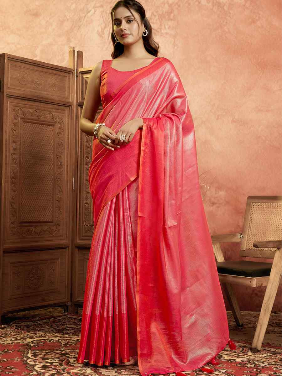 Pink Tissue Silk Handwoven Festival Wedding Fancy Heavy Border Saree