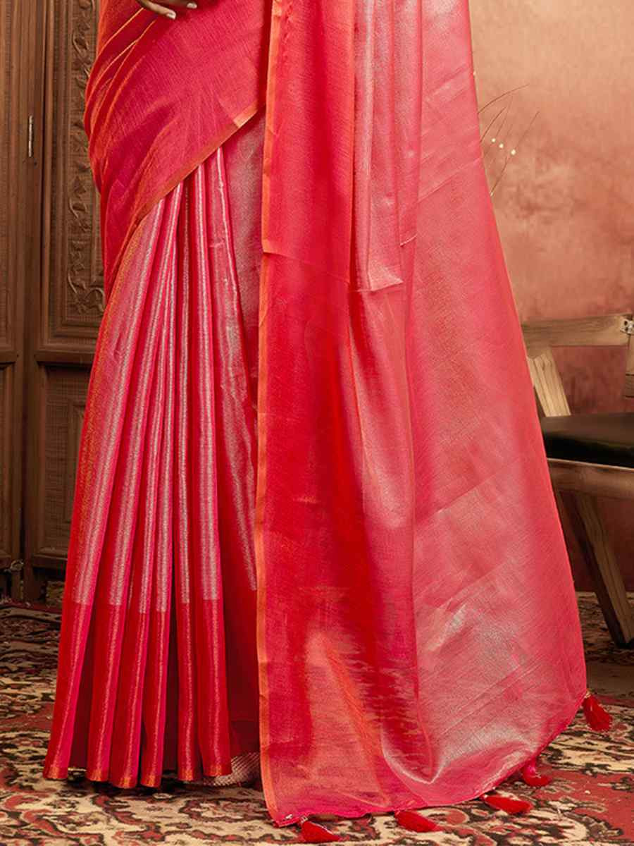 Pink Tissue Silk Handwoven Festival Wedding Fancy Heavy Border Saree