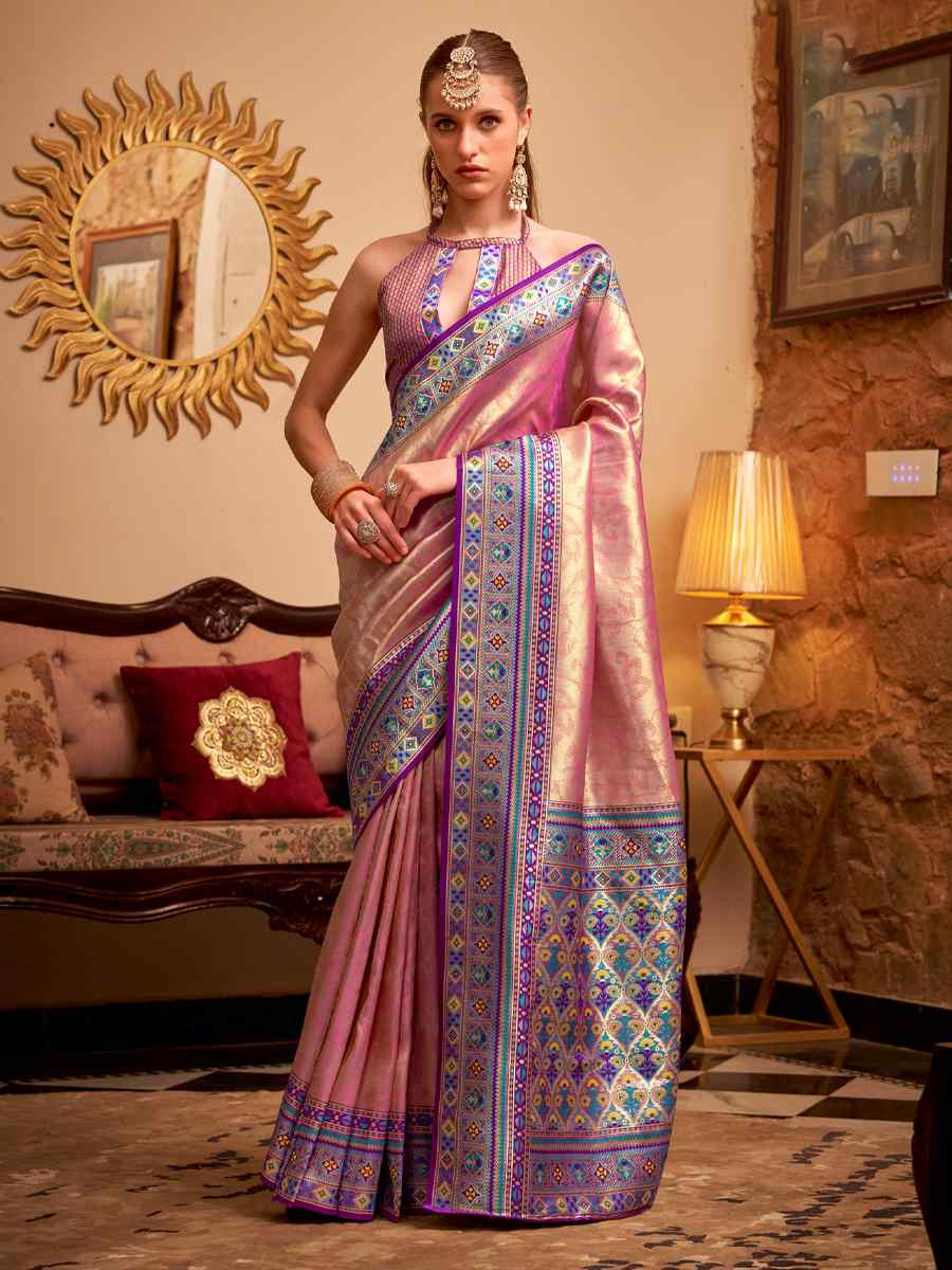Pink Tissue Silk Handwoven Traditional Bridal Reception Festival Wedding Fancy Heavy Border Saree