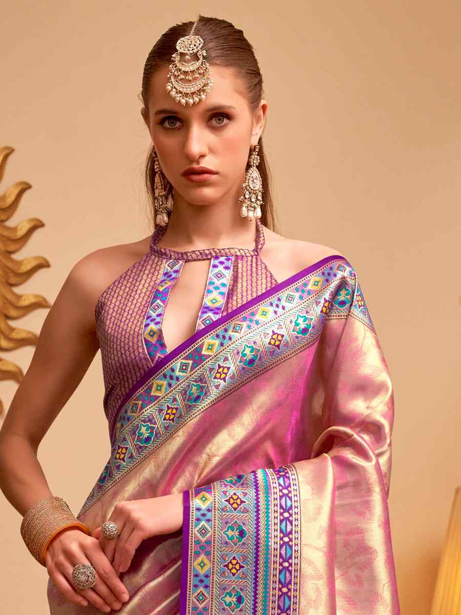 Pink Tissue Silk Handwoven Traditional Bridal Reception Festival Wedding Fancy Heavy Border Saree