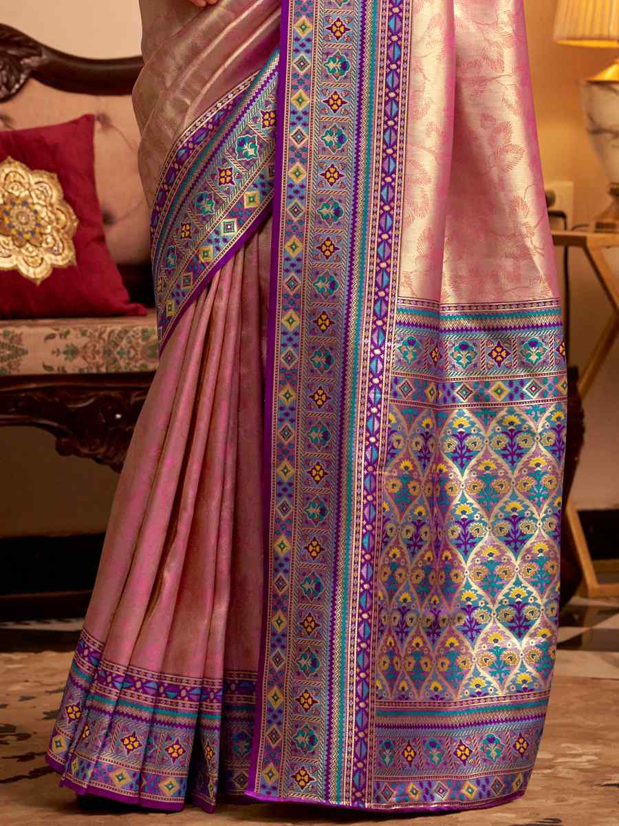 Pink Tissue Silk Handwoven Traditional Bridal Reception Festival Wedding Fancy Heavy Border Saree
