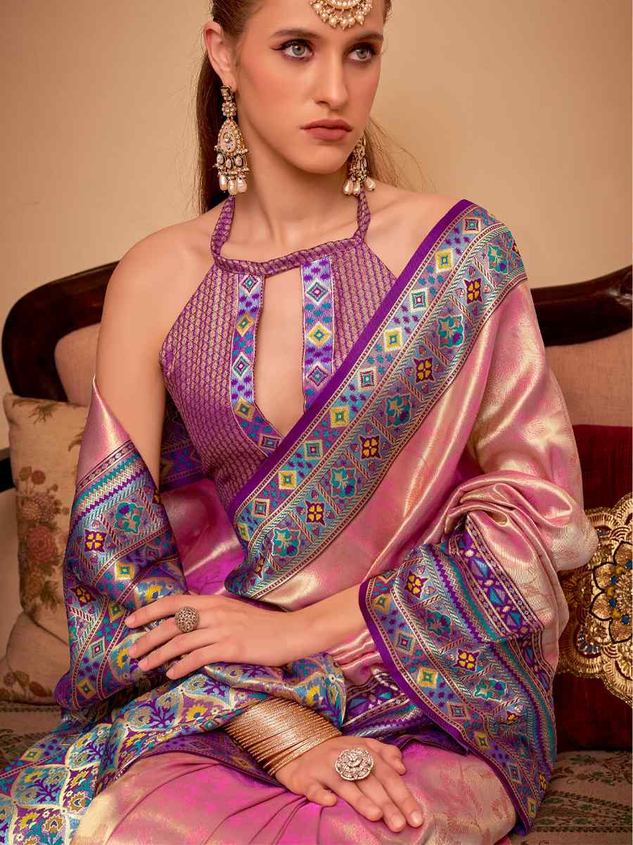 Pink Tissue Silk Handwoven Traditional Bridal Reception Festival Wedding Fancy Heavy Border Saree