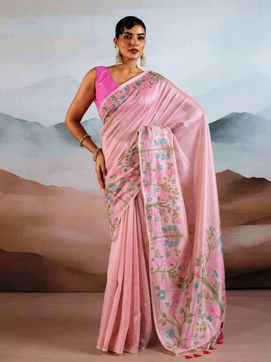 Pink Tissue Silk Handwoven Traditional Casual Reception Festival Wedding Fancy Heavy Border Saree