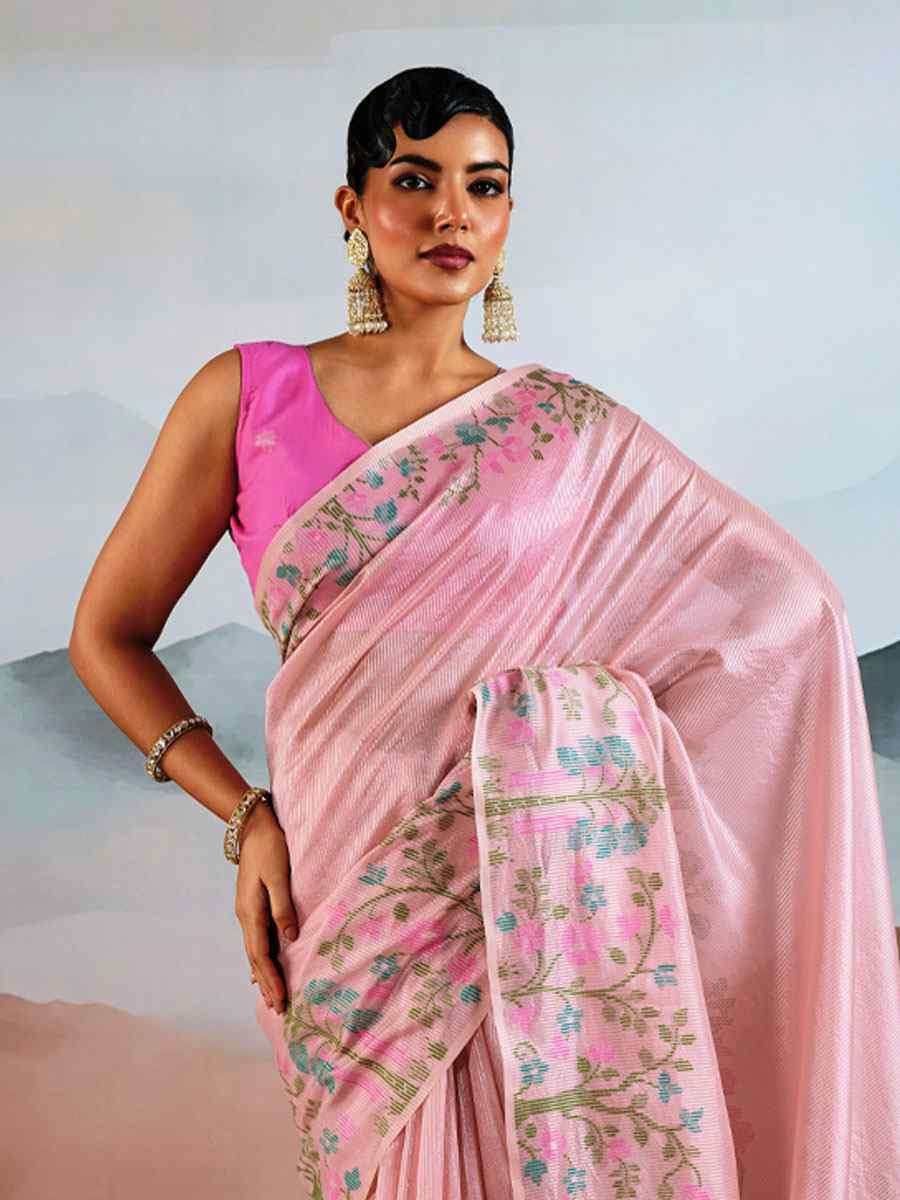 Pink Tissue Silk Handwoven Traditional Casual Reception Festival Wedding Fancy Heavy Border Saree