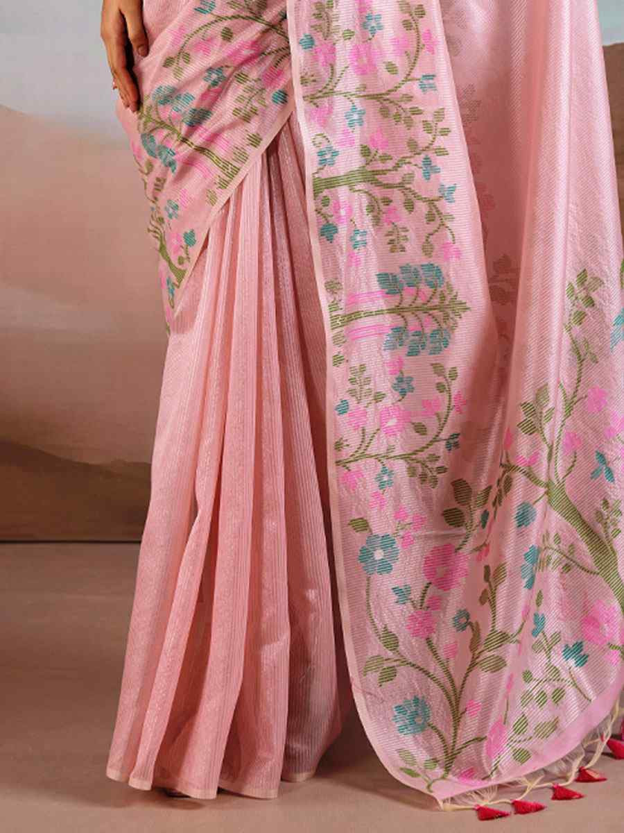 Pink Tissue Silk Handwoven Traditional Casual Reception Festival Wedding Fancy Heavy Border Saree