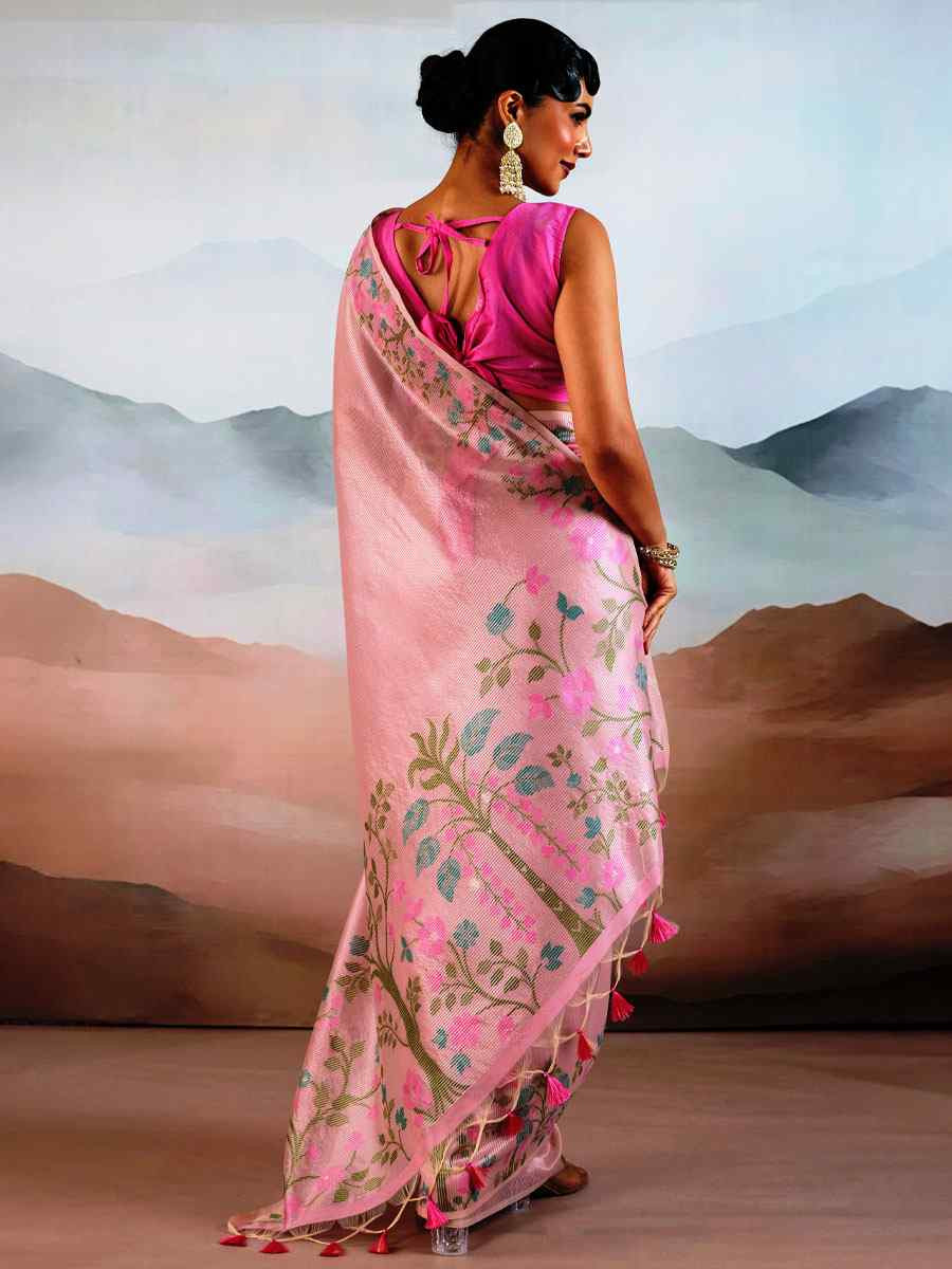 Pink Tissue Silk Handwoven Traditional Casual Reception Festival Wedding Fancy Heavy Border Saree