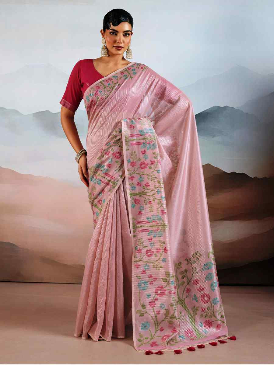Pink Tissue Silk Handwoven Traditional Casual Reception Festival Wedding Fancy Heavy Border Saree