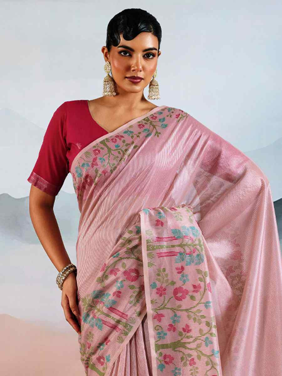 Pink Tissue Silk Handwoven Traditional Casual Reception Festival Wedding Fancy Heavy Border Saree